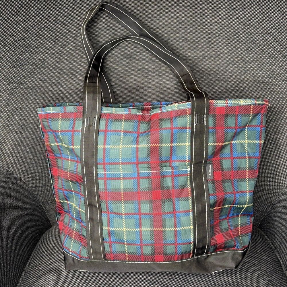 L.L.Bean Everyday Large Tote Bag Red Green Plaid Double Handles Zip Top Holiday